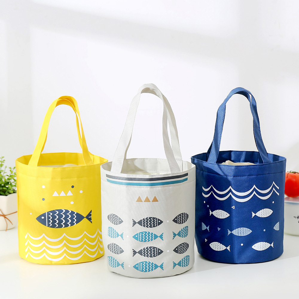 Liancheng New Portable Drawstring Lunch Bag Large Capacity Fresh-Keeping Insulated Lunch Box Bag round Barrel Aluminum Foil Thickening Insulated Bag