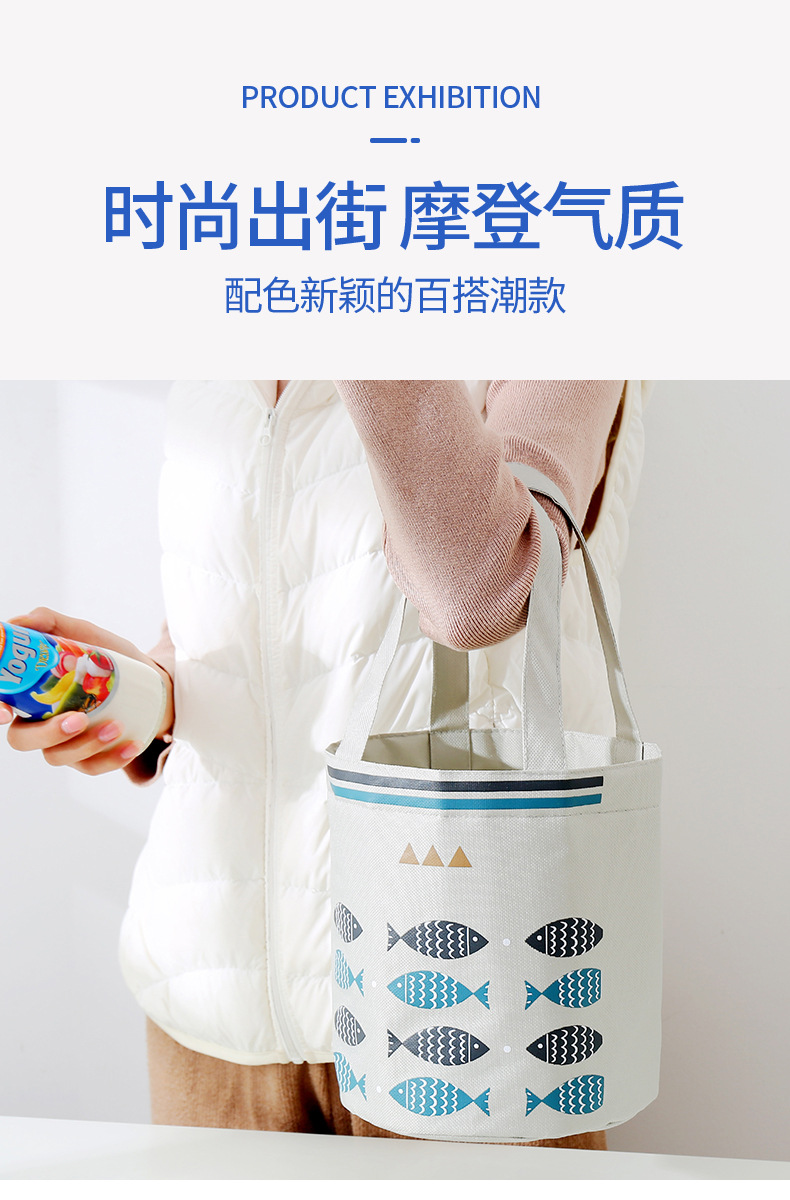 Liancheng New Portable Drawstring Lunch Bag Large Capacity Fresh-Keeping Insulated Lunch Box Bag round Barrel Aluminum Foil Thickening Insulated Bag