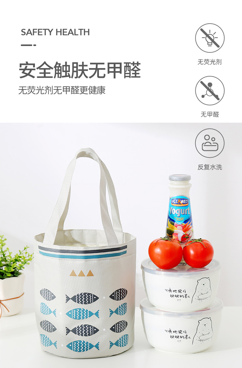 Liancheng New Portable Drawstring Lunch Bag Large Capacity Fresh-Keeping Insulated Lunch Box Bag round Barrel Aluminum Foil Thickening Insulated Bag