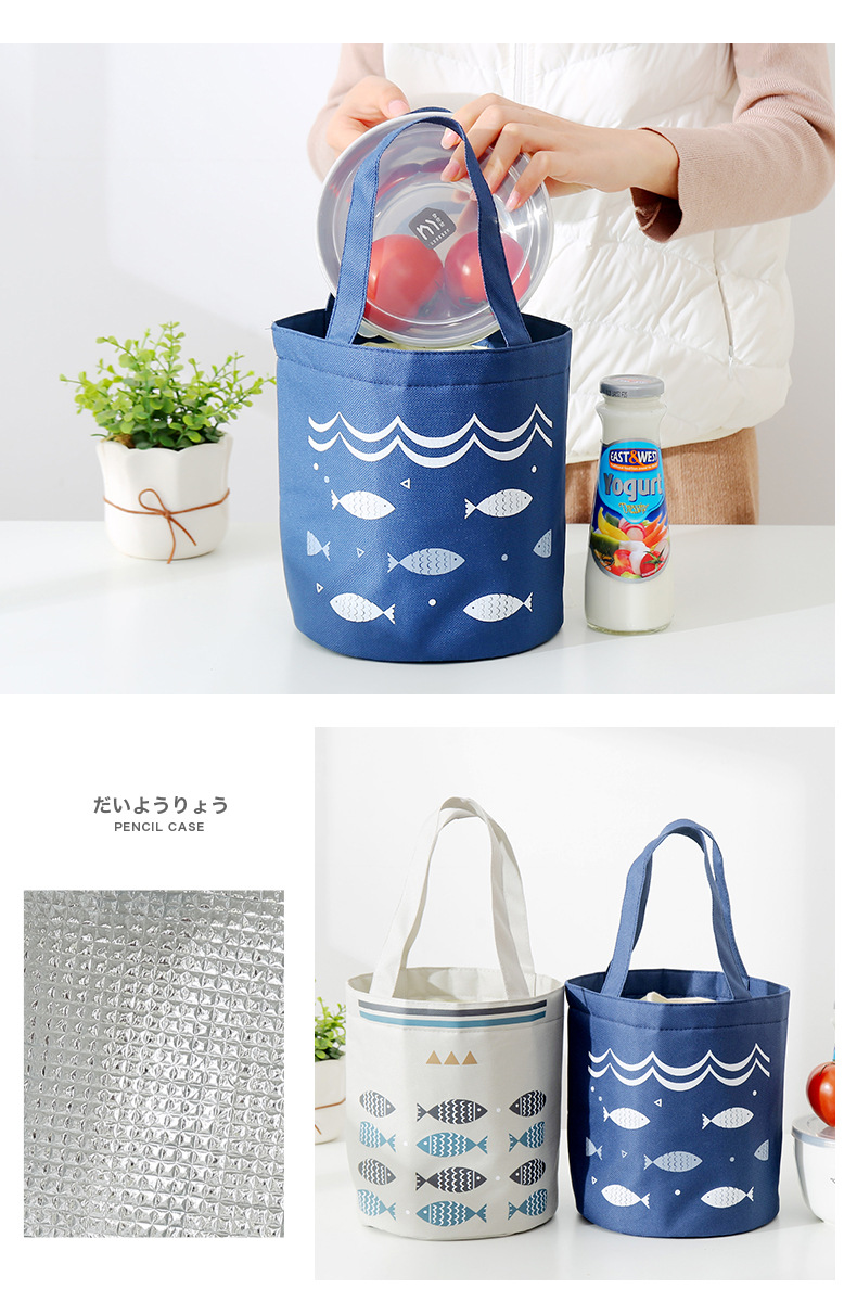 Liancheng New Portable Drawstring Lunch Bag Large Capacity Fresh-Keeping Insulated Lunch Box Bag round Barrel Aluminum Foil Thickening Insulated Bag