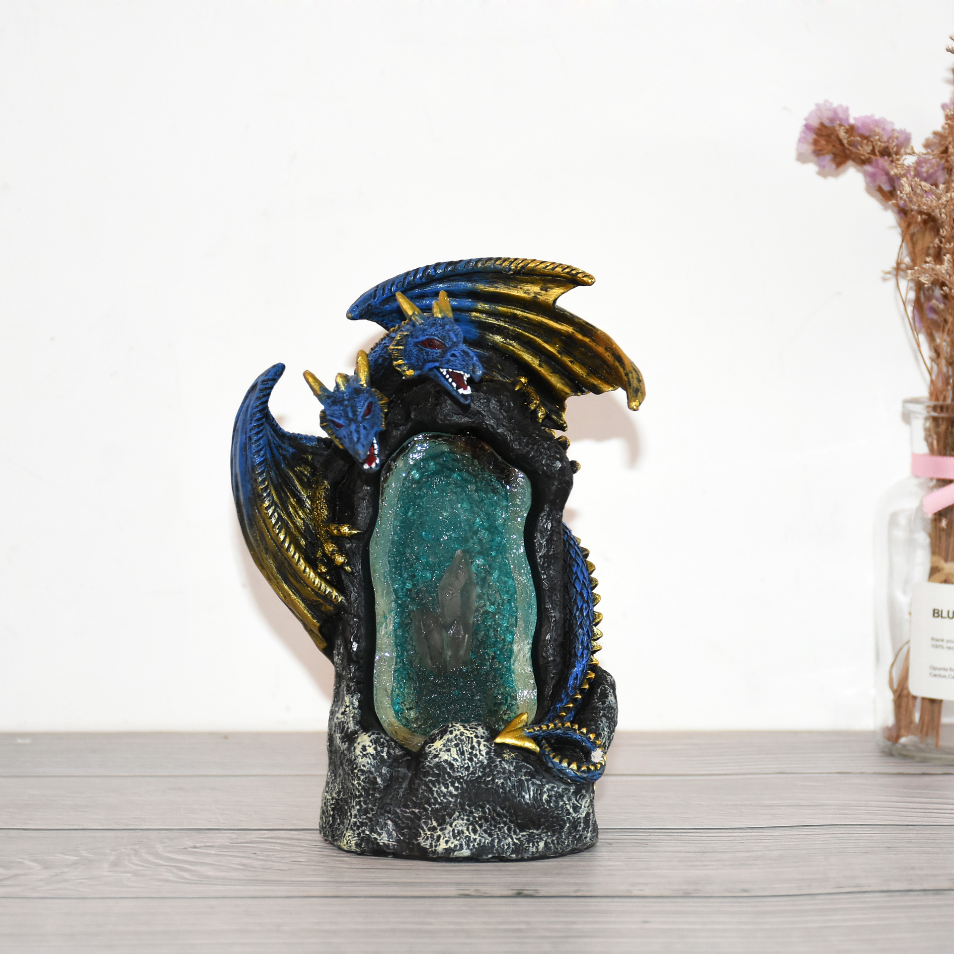 Cross-Border New Resin Censer Double-Headed Dragon Creative Home Crafts Backflow Incense Led Colorful Crystal Lamp Incense Burner