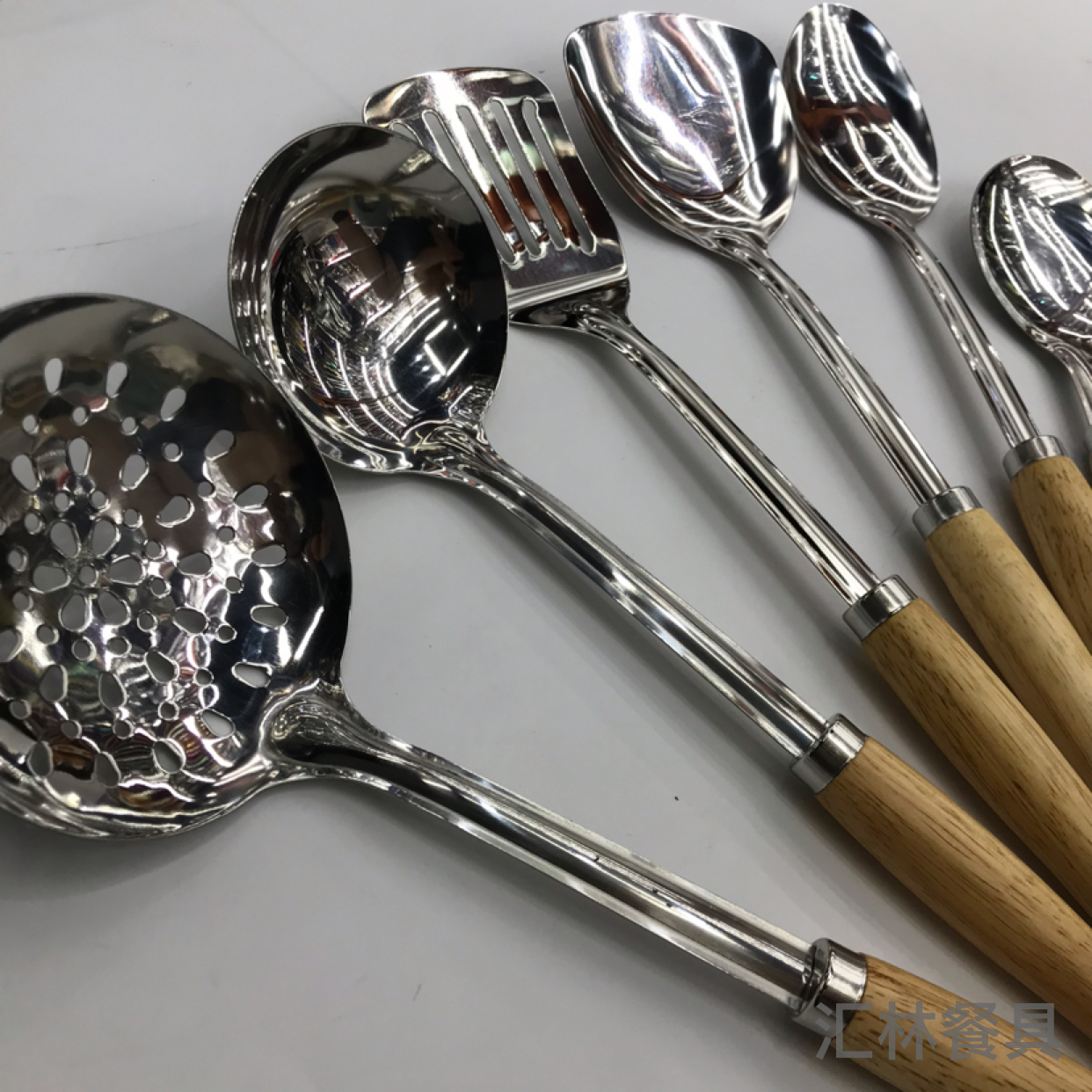 Stainless Steel Kitchenware 1.2cm Solid Wood round Handle Porridge Colander Spatula Flat Shovel Long Tongue Drain Spoon Short Rice Spoon Customizable