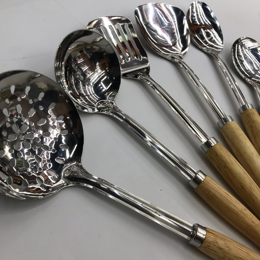 Stainless Steel Kitchenware 1.2cm Solid Wood round Handle Porridge Colander Spatula Flat Shovel Long Tongue Drain Spoon Short Rice Spoon Customizable Stainless Steel Kitchenware 1.2cm Solid Wood round Handle Porridge Colander Spatula Flat Shovel Long Tongue Drain Spoon Short Rice Spoon Customizable