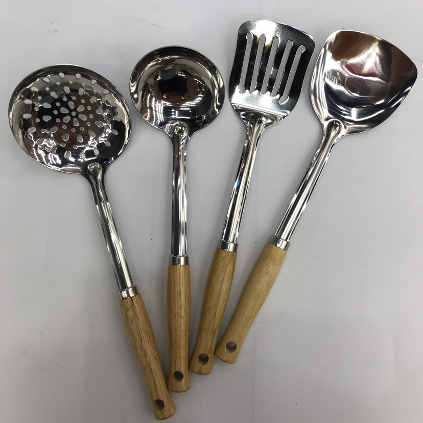 Stainless Steel Kitchenware 1.2cm Solid Wood round Handle Porridge Colander Spatula Flat Shovel Long Tongue Drain Spoon Short Rice Spoon Customizable Stainless Steel Kitchenware 1.2cm Solid Wood round Handle Porridge Colander Spatula Flat Shovel Long Tongue Drain Spoon Short Rice Spoon Customizable