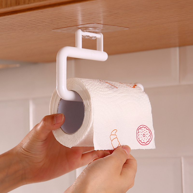 Punch-Free Kitchen Tissue Holder Roll Stand Rack Plastic Wrap Storage Rack Toilet Paper Hook Rag Holder