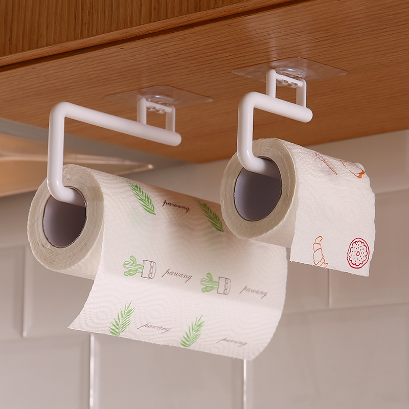Punch-Free Kitchen Tissue Holder Roll Stand Rack Plastic Wrap Storage Rack Toilet Paper Hook Rag Holder