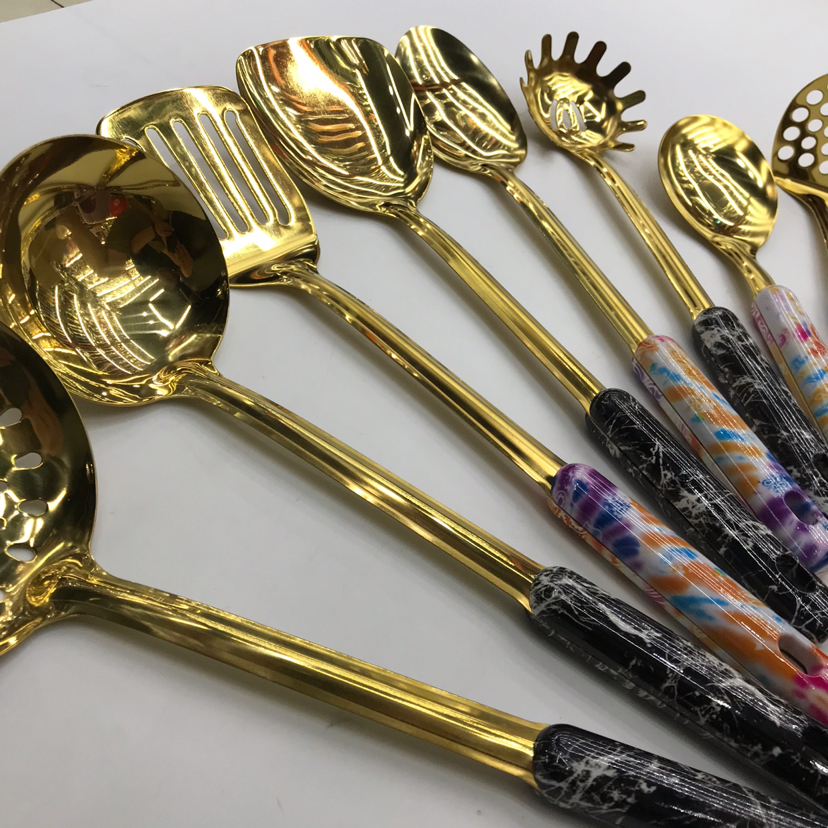 Stainless Steel Kitchenware 1.5cm Titanium-Plated Marble Handle Porridge Colander Spatula Flat Shovel Long Tongue Spoon Short Rice Spoon Stainless Steel Kitchenware 1.5cm Titanium-Plated Marble Handle Porridge Colander Spatula Flat Shovel Long Tongue Spoon Short Rice Spoon