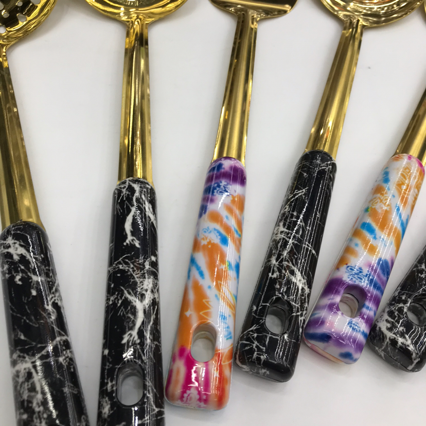 Stainless Steel Kitchenware 1.5cm Titanium-Plated Marble Handle Porridge Colander Spatula Flat Shovel Long Tongue Spoon Short Rice Spoon Stainless Steel Kitchenware 1.5cm Titanium-Plated Marble Handle Porridge Colander Spatula Flat Shovel Long Tongue Spoon Short Rice Spoon