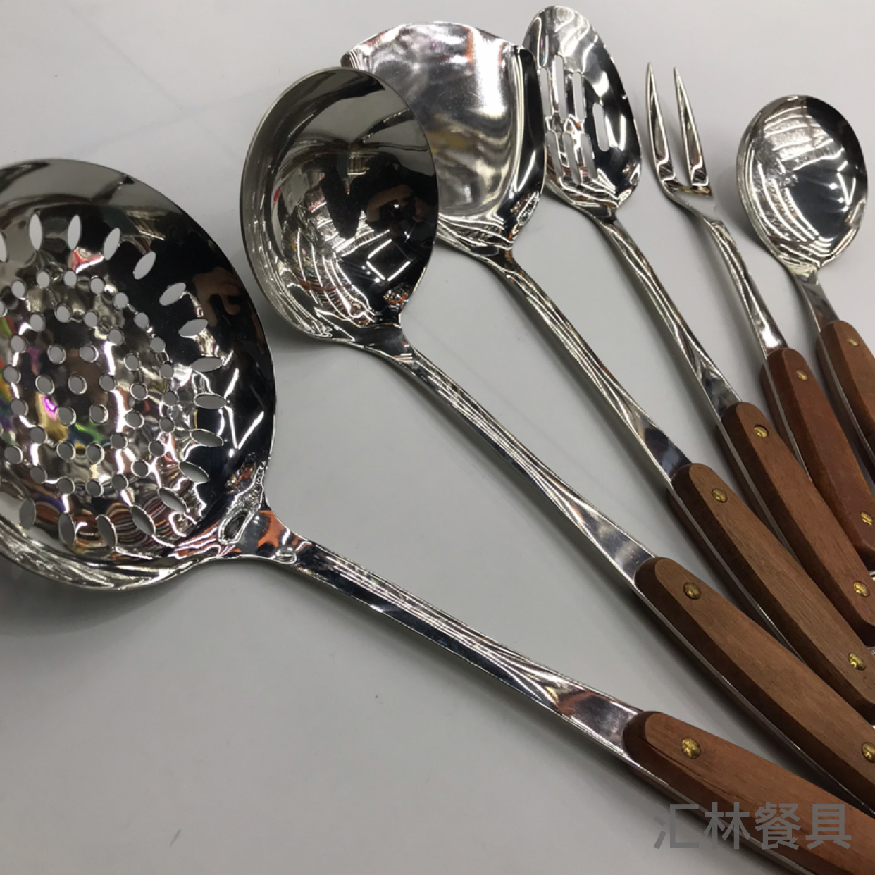 201 Stainless Steel Kitchenware Two-Nail Tip Wooden Handle Porridge Colander Spatula Long Tongue Drain Short Rice Spoon Customizable Logo