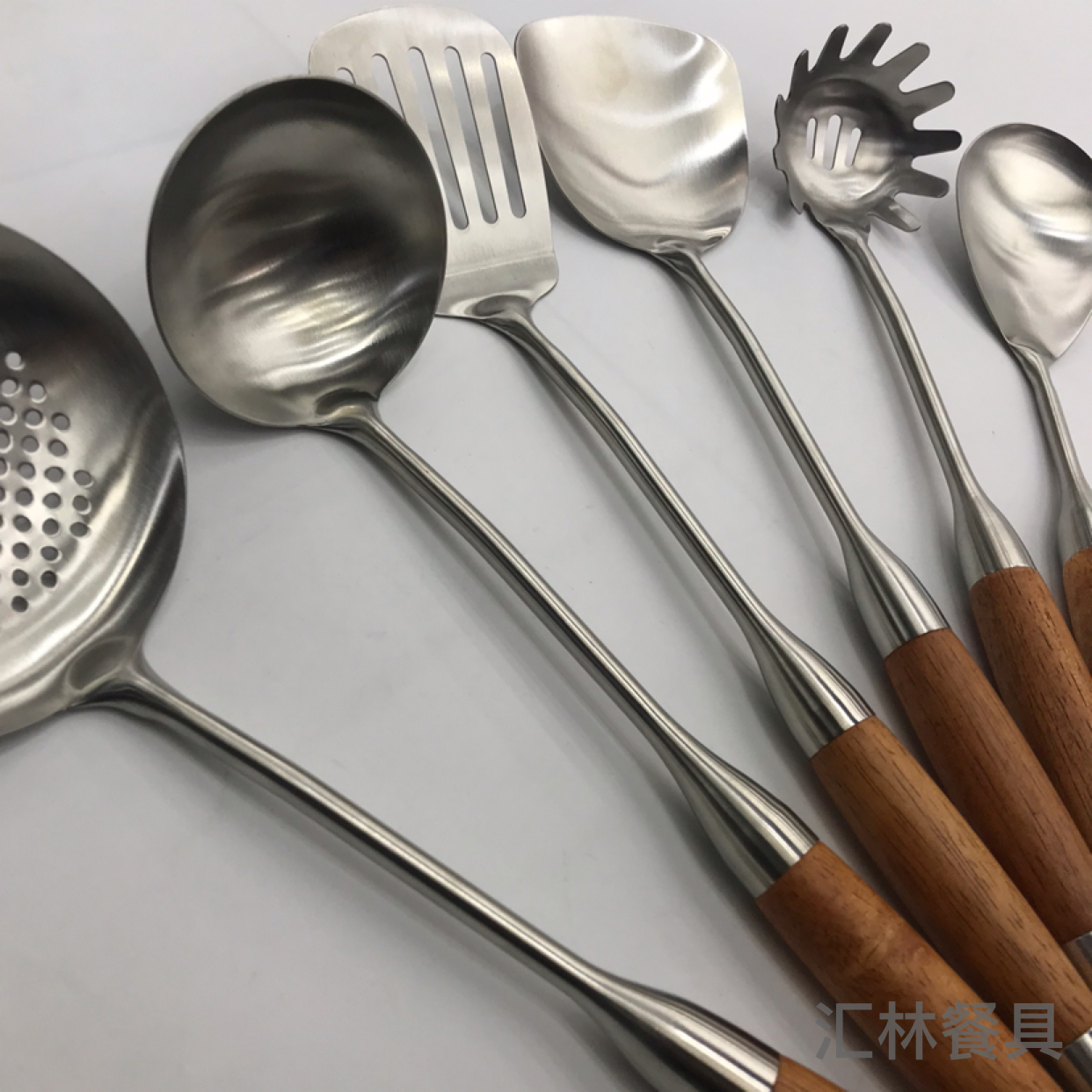 201 Stainless Steel Kitchenware Pear Flower and Wood Flat Porridge Colander Spatula Long Tongue Drain Short Rice Spoon Customizable Logo