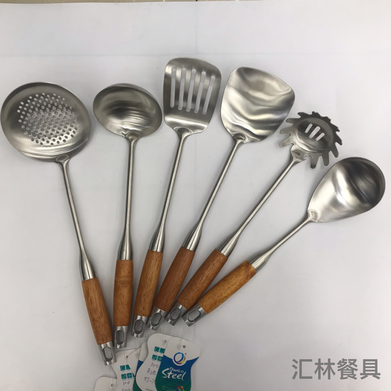 201 Stainless Steel Kitchenware Pear Flower and Wood Flat Porridge Colander Spatula Long Tongue Drain Short Rice Spoon Customizable Logo