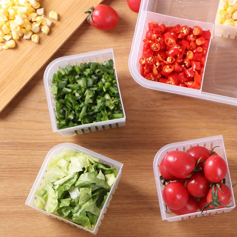 Four Grids with Lid Chopped Green Onion Ginger Slice Garlic Fresh-Keeping Box Refrigerator Fruit Vegetable Storage Kitchen Draining Storage Box with Lid