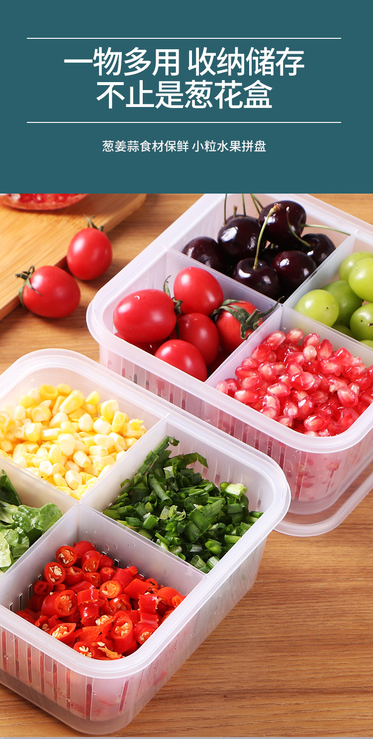 Four Grids with Lid Chopped Green Onion Ginger Slice Garlic Fresh-Keeping Box Refrigerator Fruit Vegetable Storage Kitchen Draining Storage Box with Lid