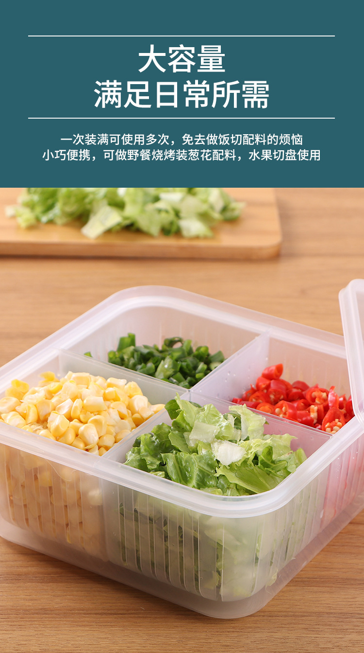 Four Grids with Lid Chopped Green Onion Ginger Slice Garlic Fresh-Keeping Box Refrigerator Fruit Vegetable Storage Kitchen Draining Storage Box with Lid