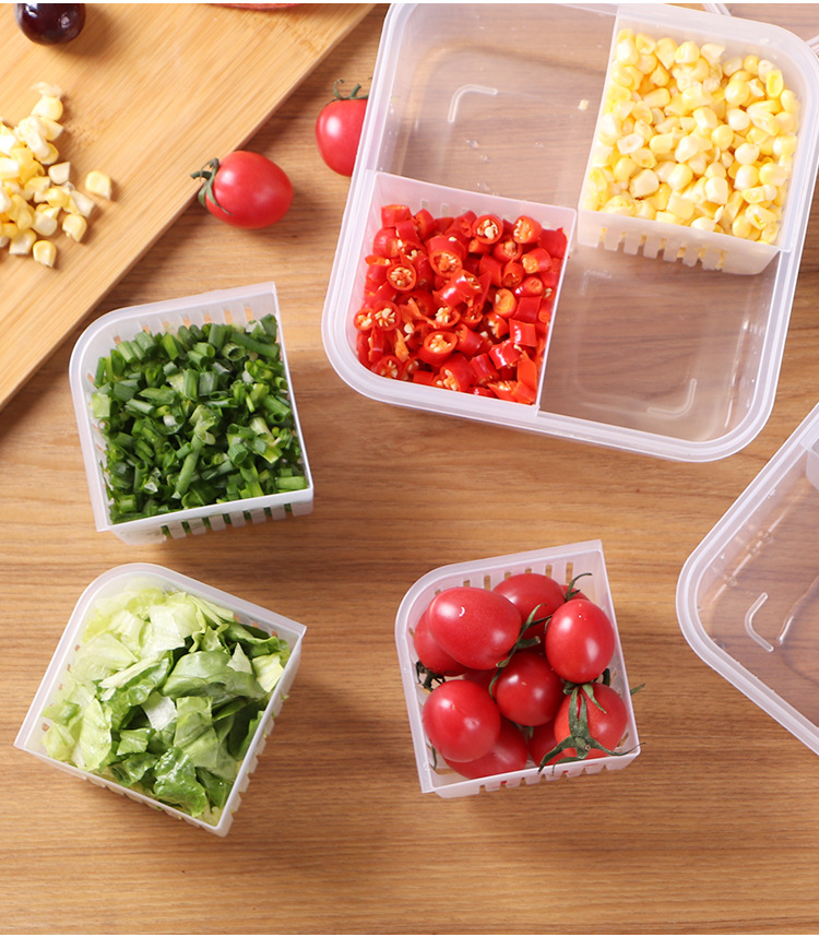 Four Grids with Lid Chopped Green Onion Ginger Slice Garlic Fresh-Keeping Box Refrigerator Fruit Vegetable Storage Kitchen Draining Storage Box with Lid
