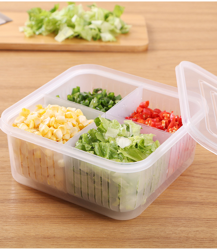 Four Grids with Lid Chopped Green Onion Ginger Slice Garlic Fresh-Keeping Box Refrigerator Fruit Vegetable Storage Kitchen Draining Storage Box with Lid