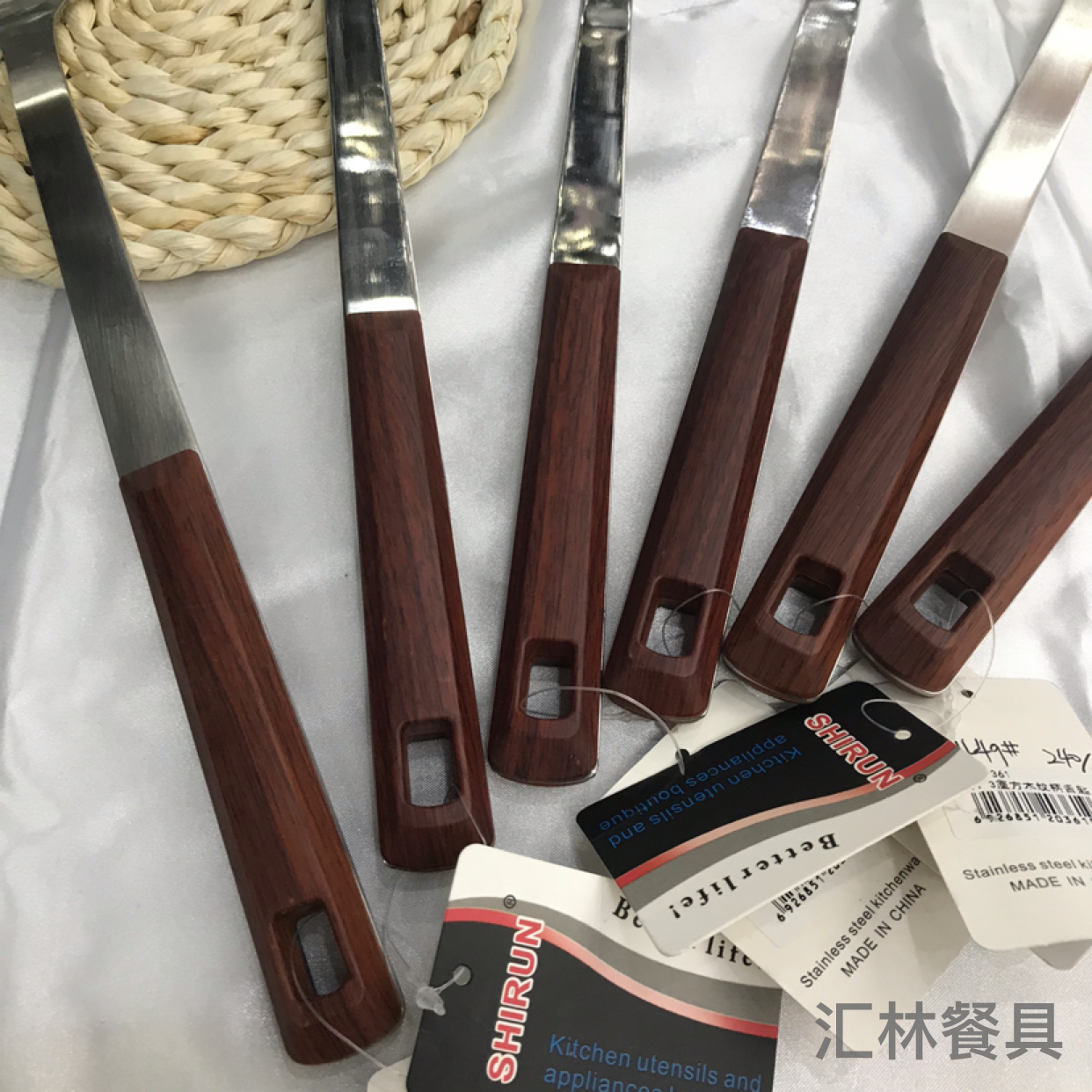 Stainless Steel Kitchenware 3cm Square Wood Grain Handle Porridge Colander Spatula Flat Shovel Long Tongue Spoon Hotel Dedicated for Customization