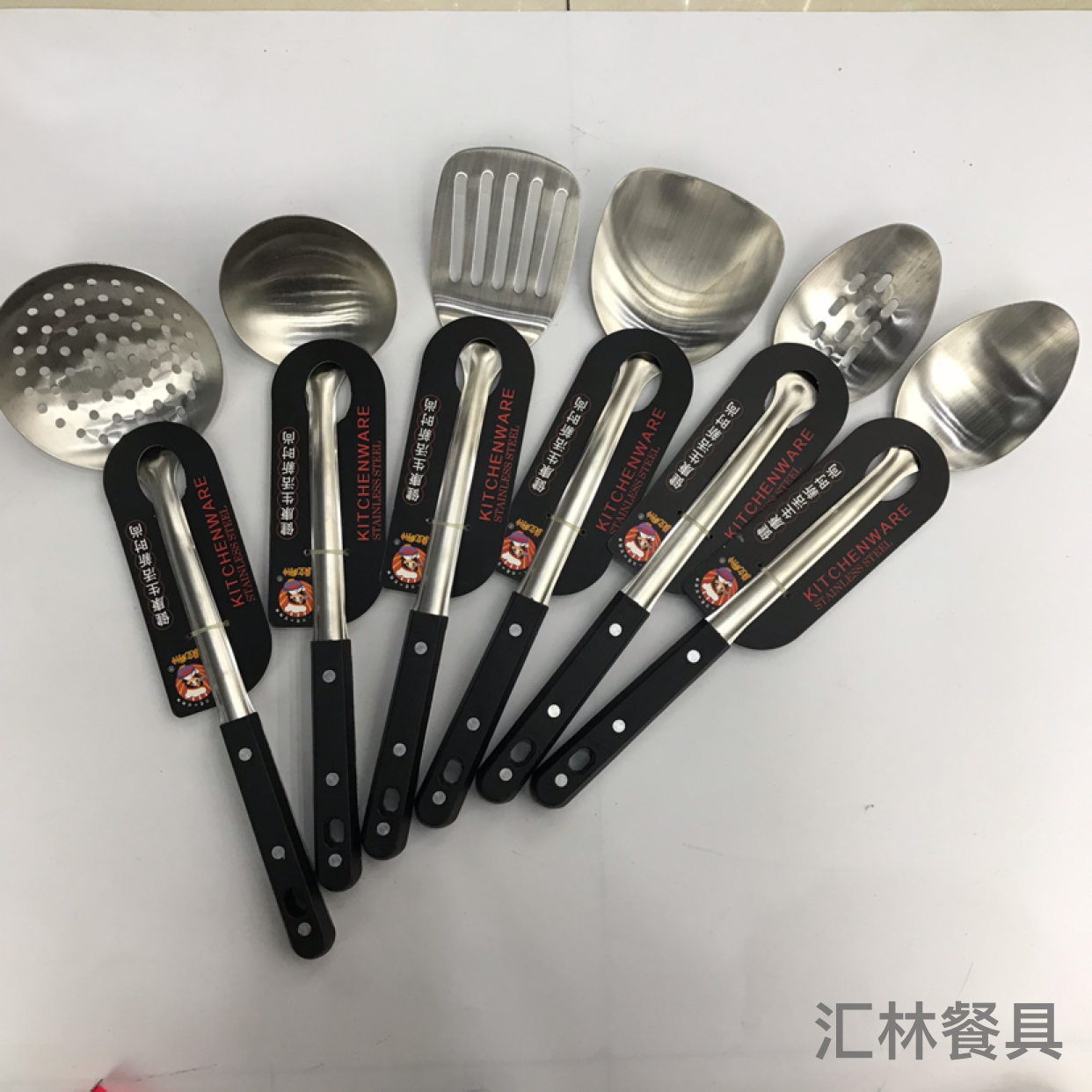 Stainless Steel Kitchenware 1.5cm Non-Magnetic Black Pearl Handle Anti-Scald Porridge Colander Spatula Flat Shovel Long Tongue Spoon Can Be Customized