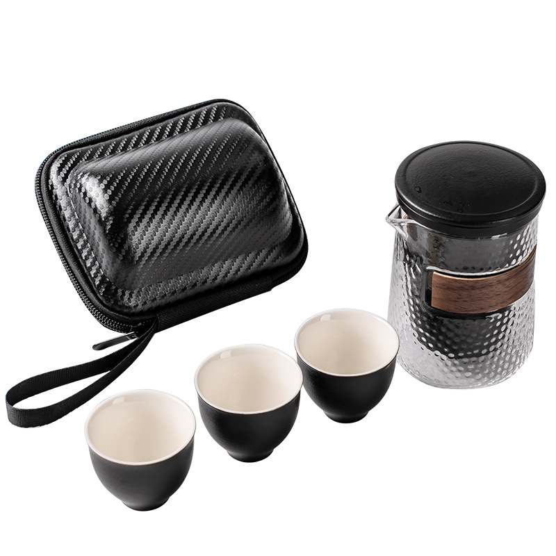 Creative Portable Ceramic Travel Tea Set Black Pottery Convenient Tea Cup Set with Lubao Filter Tea Maker Glass Cup