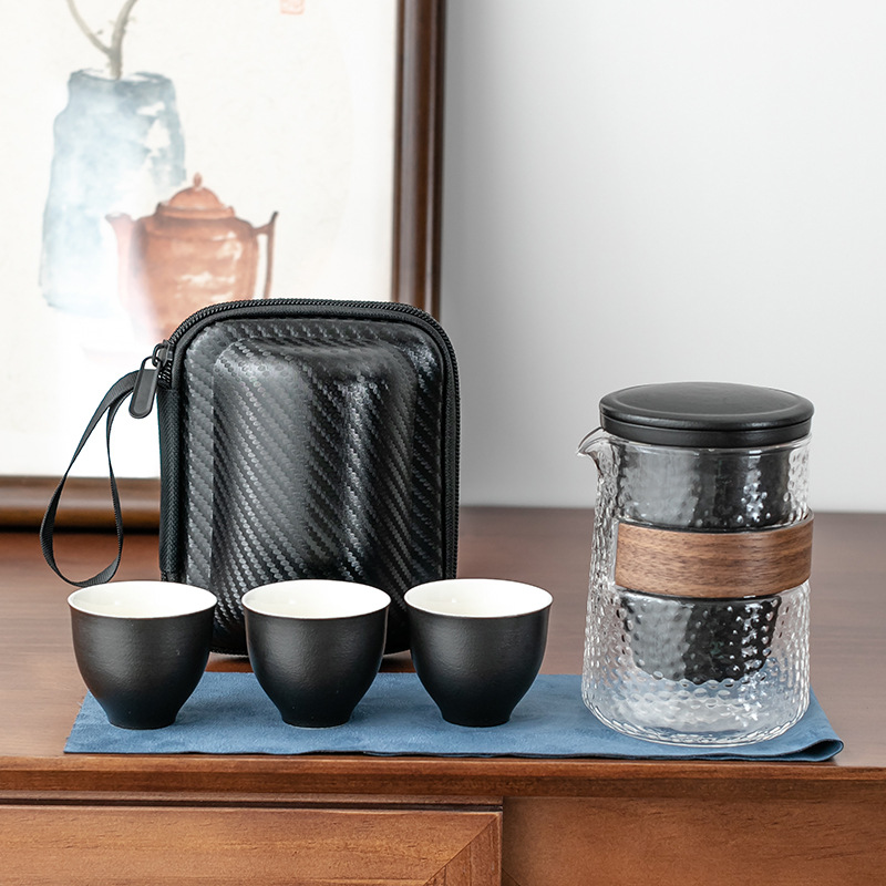 Creative Portable Ceramic Travel Tea Set Black Pottery Convenient Tea Cup Set with Lubao Filter Tea Maker Glass Cup