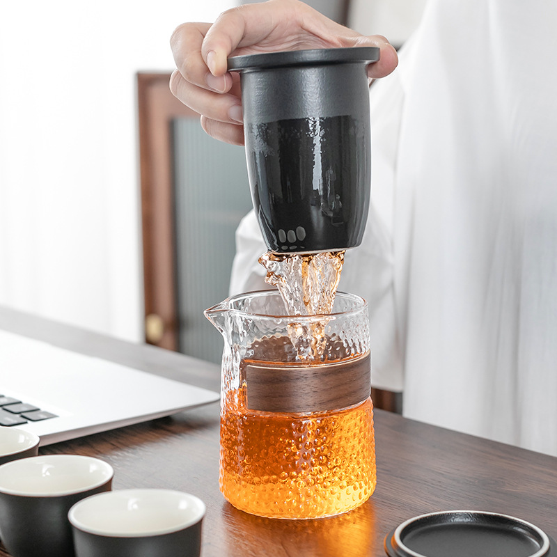 Creative Portable Ceramic Travel Tea Set Black Pottery Convenient Tea Cup Set with Lubao Filter Tea Maker Glass Cup