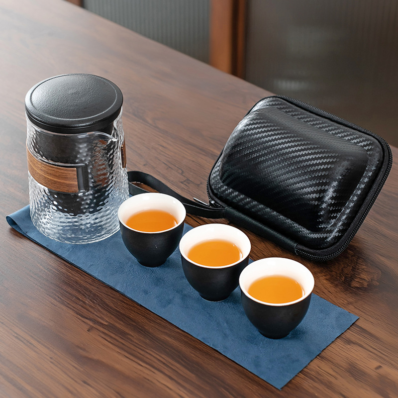 Creative Portable Ceramic Travel Tea Set Black Pottery Convenient Tea Cup Set with Lubao Filter Tea Maker Glass Cup