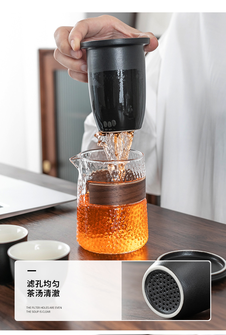 Creative Portable Ceramic Travel Tea Set Black Pottery Convenient Tea Cup Set with Lubao Filter Tea Maker Glass Cup