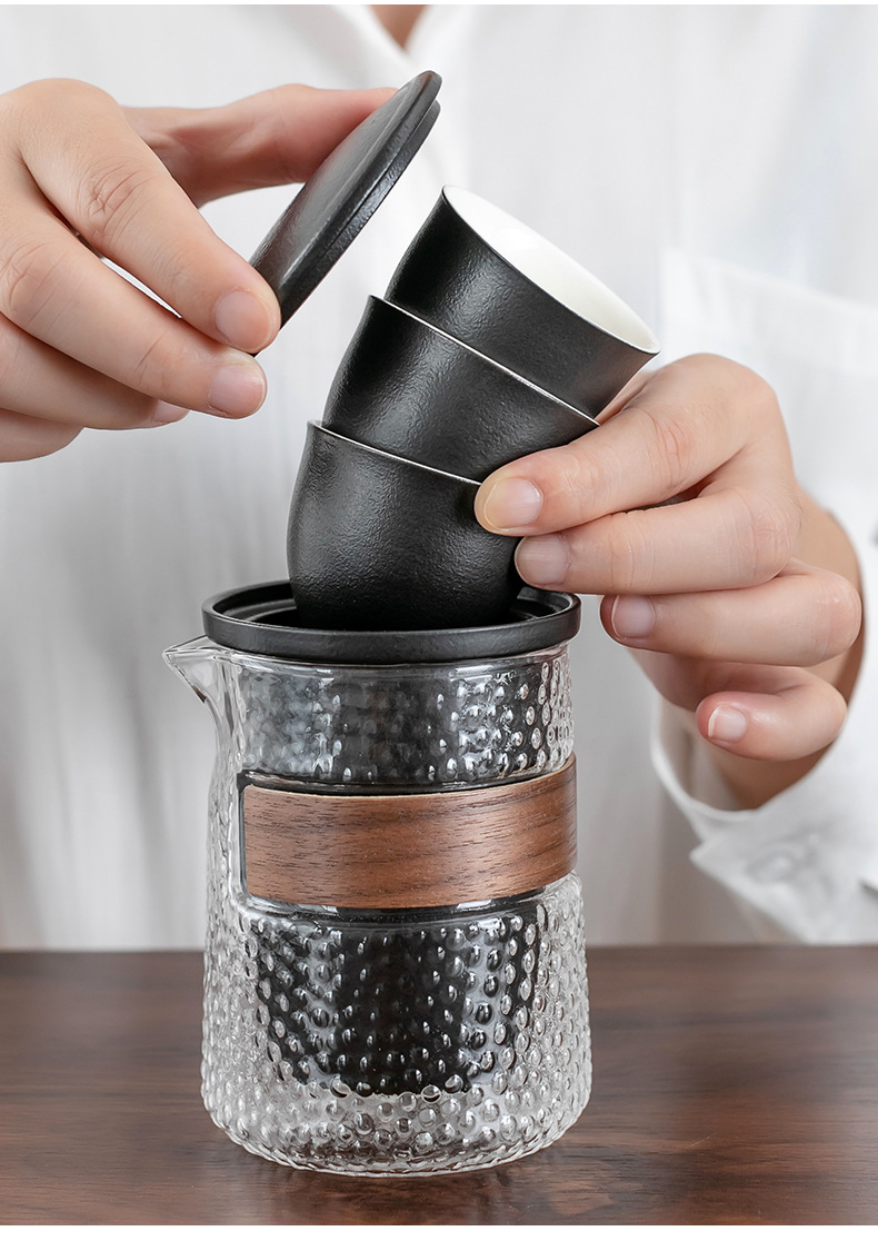 Creative Portable Ceramic Travel Tea Set Black Pottery Convenient Tea Cup Set with Lubao Filter Tea Maker Glass Cup