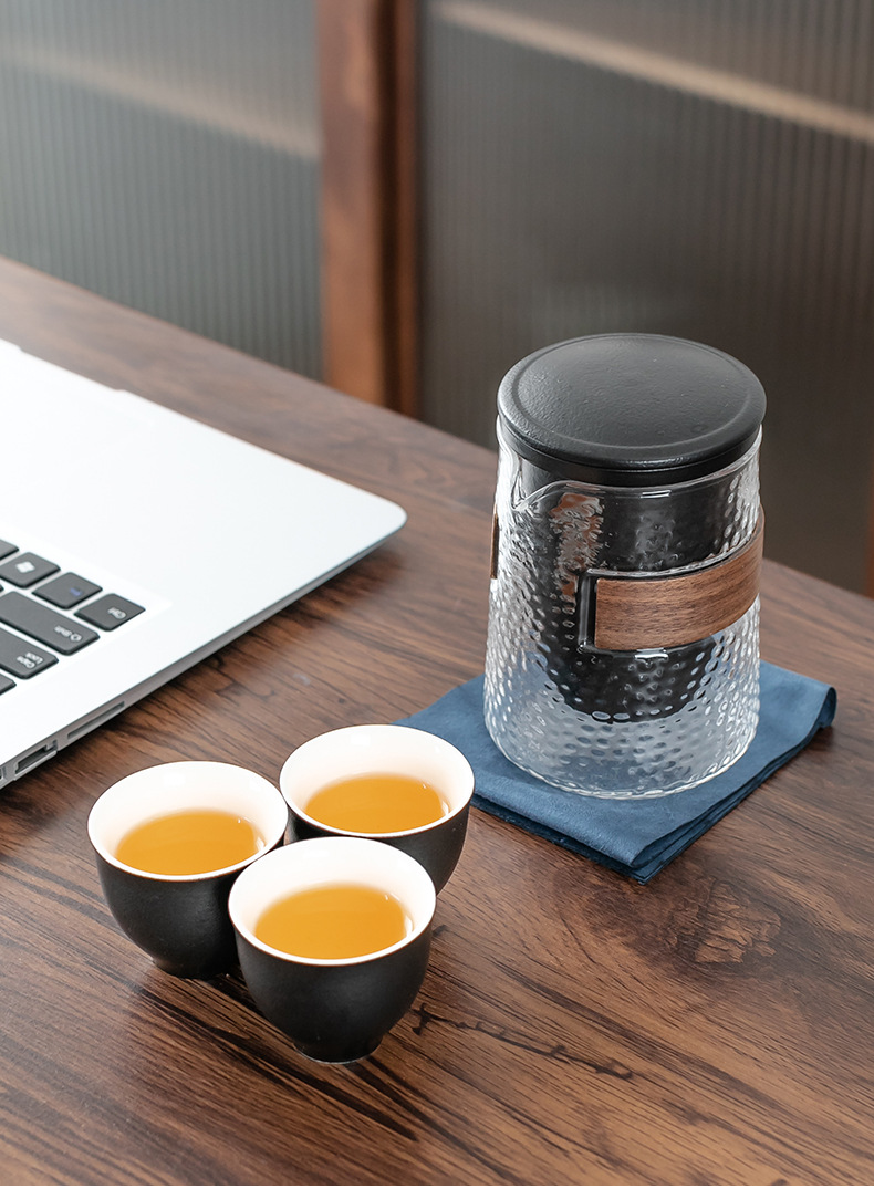 Creative Portable Ceramic Travel Tea Set Black Pottery Convenient Tea Cup Set with Lubao Filter Tea Maker Glass Cup