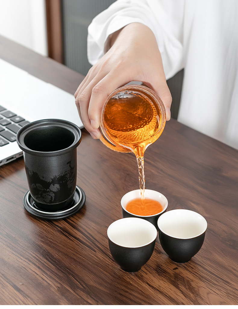 Creative Portable Ceramic Travel Tea Set Black Pottery Convenient Tea Cup Set with Lubao Filter Tea Maker Glass Cup