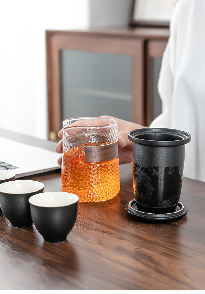 Creative Portable Ceramic Travel Tea Set Black Pottery Convenient Tea Cup Set with Lubao Filter Tea Maker Glass Cup