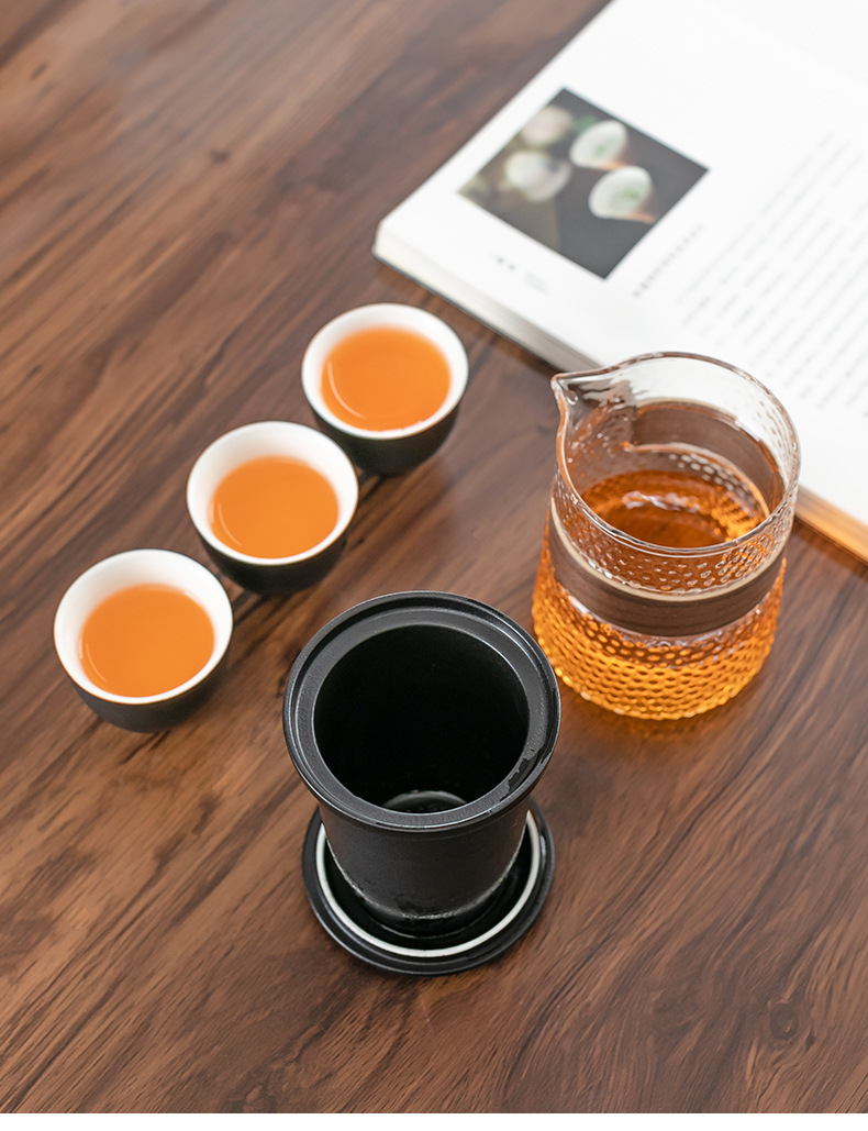 Creative Portable Ceramic Travel Tea Set Black Pottery Convenient Tea Cup Set with Lubao Filter Tea Maker Glass Cup