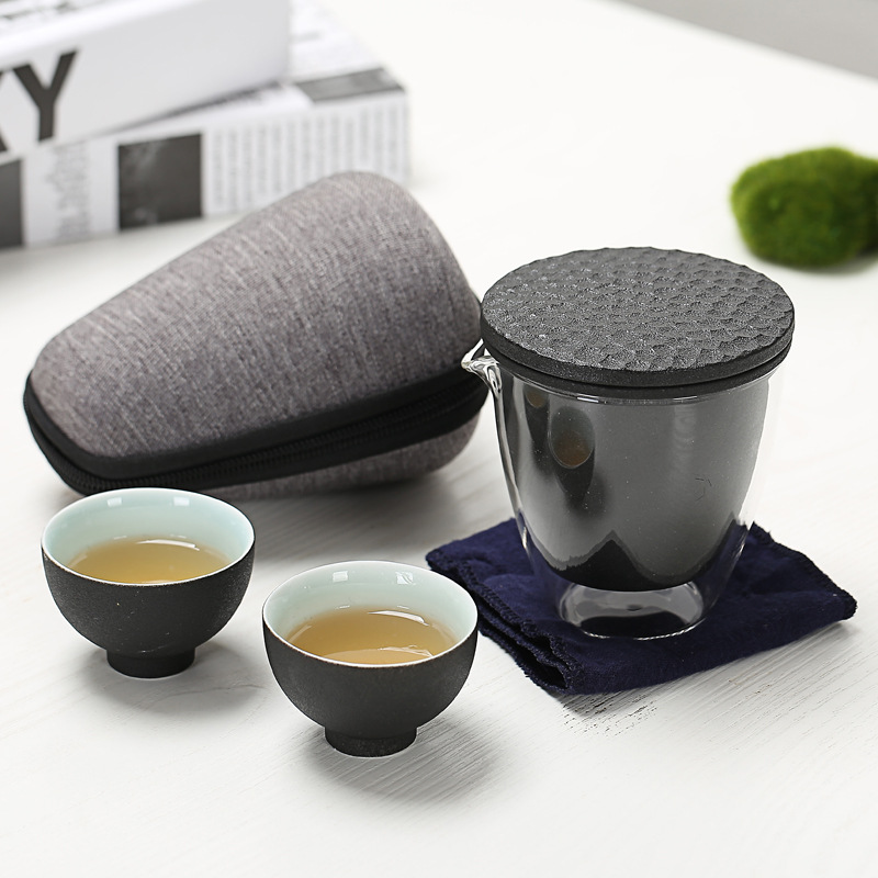 Ceramic Quick Cup One Pot Two Cups Glass Cup Gongfu Teapot Travel Black Porcelain Cup Portable Bag Carrying Tea Set