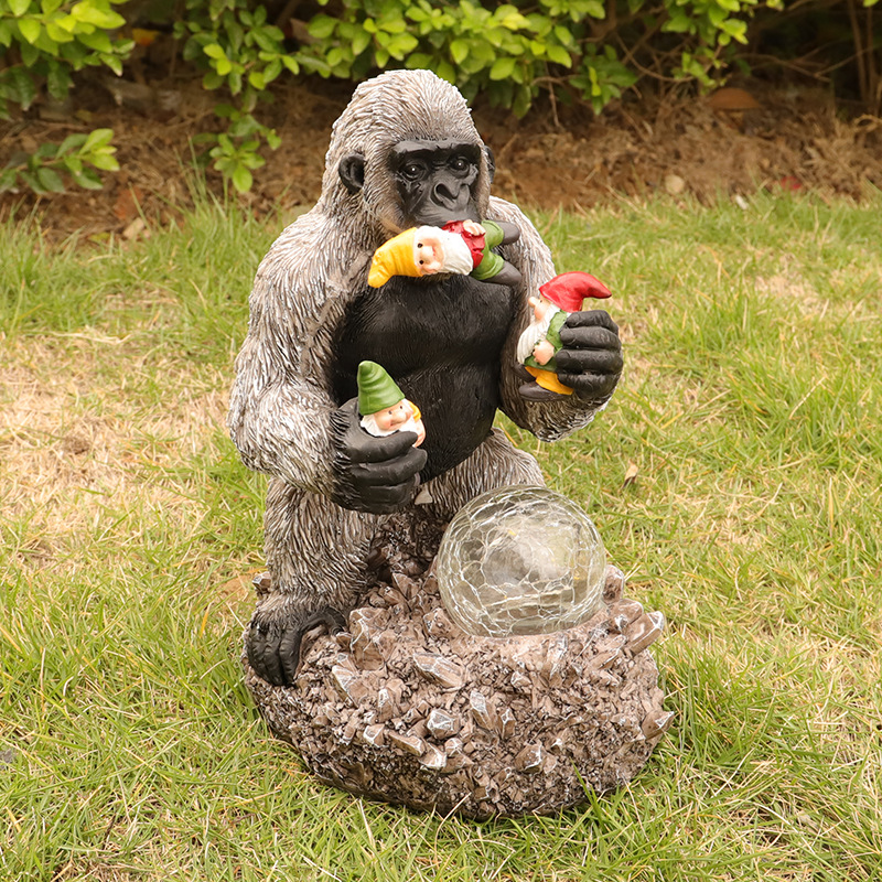Cross-Border New Garden Decoration Solar Light-Emitting Resin Crafts Orangutan Eating Genie Crystal Ball Decoration Wholesale