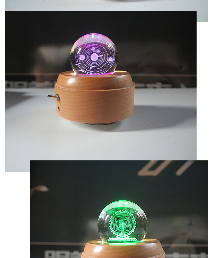 Creative Music Box Luminous Crystal Ball Music Box Rotating Wooden Base Wooden Crafts Gift Decoration Customization