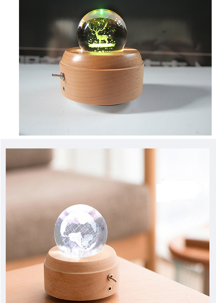 Creative Music Box Luminous Crystal Ball Music Box Rotating Wooden Base Wooden Crafts Gift Decoration Customization