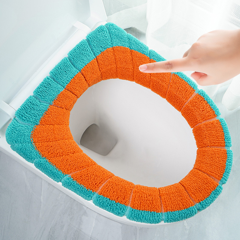 Nordic Style Contrast Color Handle Toilet Seat Cushion Plush Knitted Toilet Seat Cover Winter Warm Toilet Seat Home Toilet Seat Cover