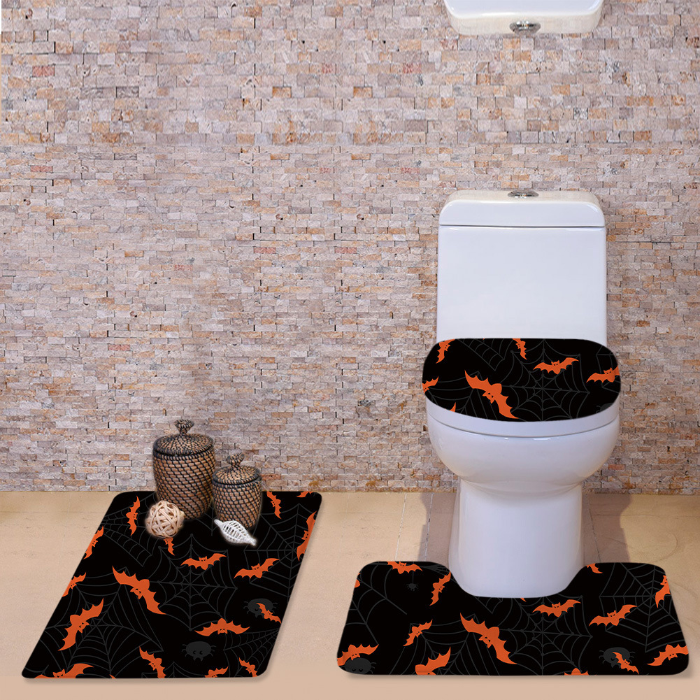 Cross-Border New Arrival Halloween Cute Bat Toilet Cover Mat Three-Piece Bone Pattern O-Shaped Cushion U-Shaped Mat Bathroom