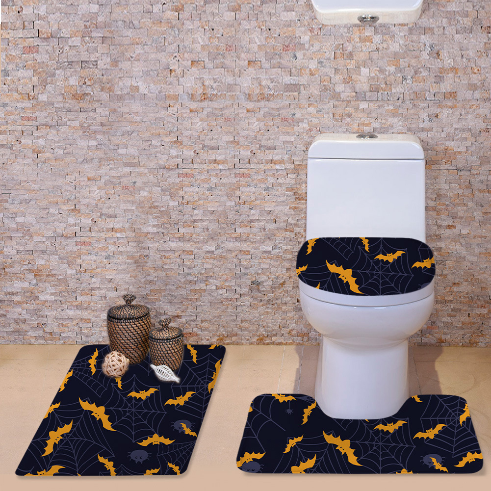 Cross-Border New Arrival Halloween Cute Bat Toilet Cover Mat Three-Piece Bone Pattern O-Shaped Cushion U-Shaped Mat Bathroom