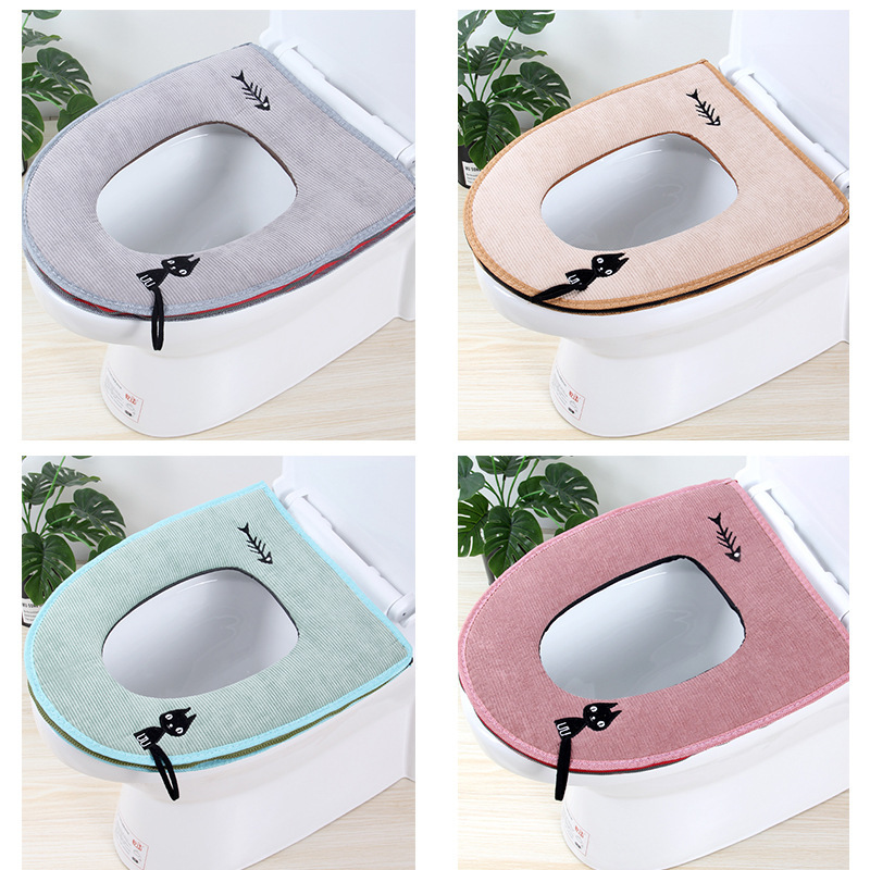 Fishbone Household Toilet Mat Household Waterproof O-Shaped Leather with Zipper Cute Kitten Happy Day Ring Closestool Cushion