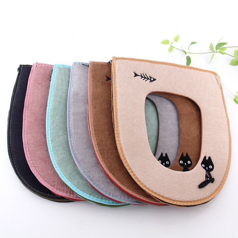 Fishbone Household Toilet Mat Household Waterproof O-Shaped Leather with Zipper Cute Kitten Happy Day Ring Closestool Cushion