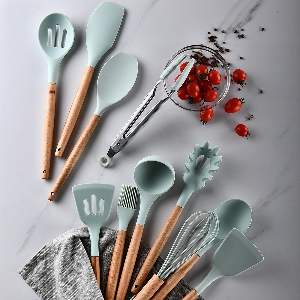Water Green Storage Barrel Wooden Handle Silicone Kitchenware 11-Piece Set Non-Stick Spatula Kitchen Utensils Cooking Set