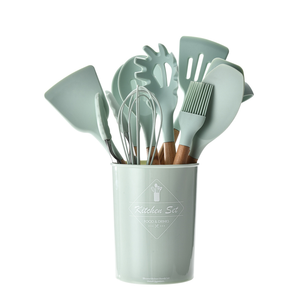 Water Green Storage Barrel Wooden Handle Silicone Kitchenware 11-Piece Set Non-Stick Spatula Kitchen Utensils Cooking Set