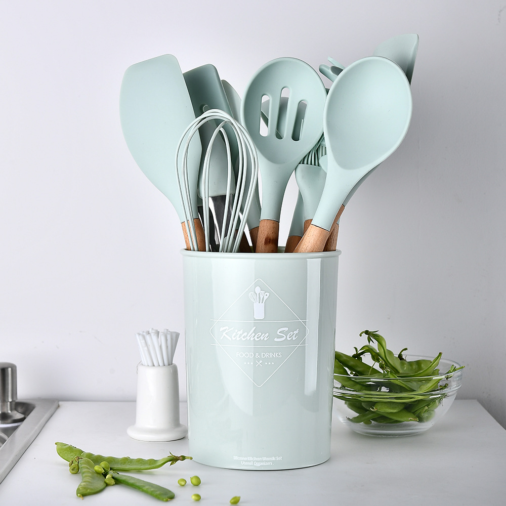 Water Green Storage Barrel Wooden Handle Silicone Kitchenware 11-Piece Set Non-Stick Spatula Kitchen Utensils Cooking Set
