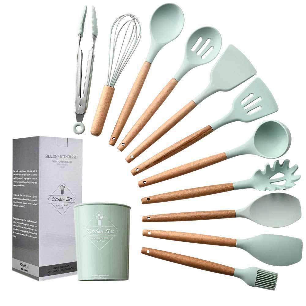 Water Green Storage Barrel Wooden Handle Silicone Kitchenware 11-Piece Set Non-Stick Spatula Kitchen Utensils Cooking Set