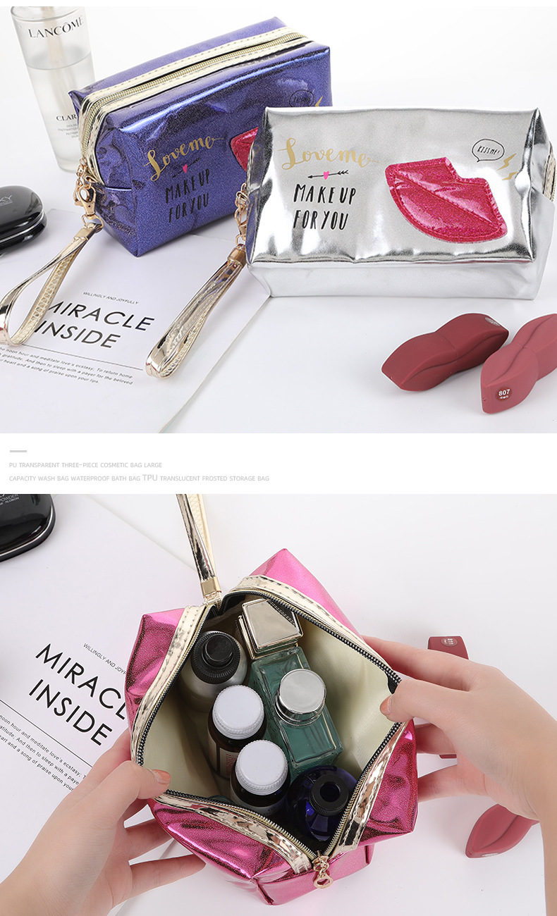 Creative Laser Red Lips Printed Cosmetic Bag Korean Style Graceful and Fashionable Cosmetics Storage Bag Travel Portable Toiletry Bag Creative Laser Red Lips Printed Cosmetic Bag Korean Style Graceful and Fashionable Cosmetics Storage Bag Travel Portable Toiletry Bag