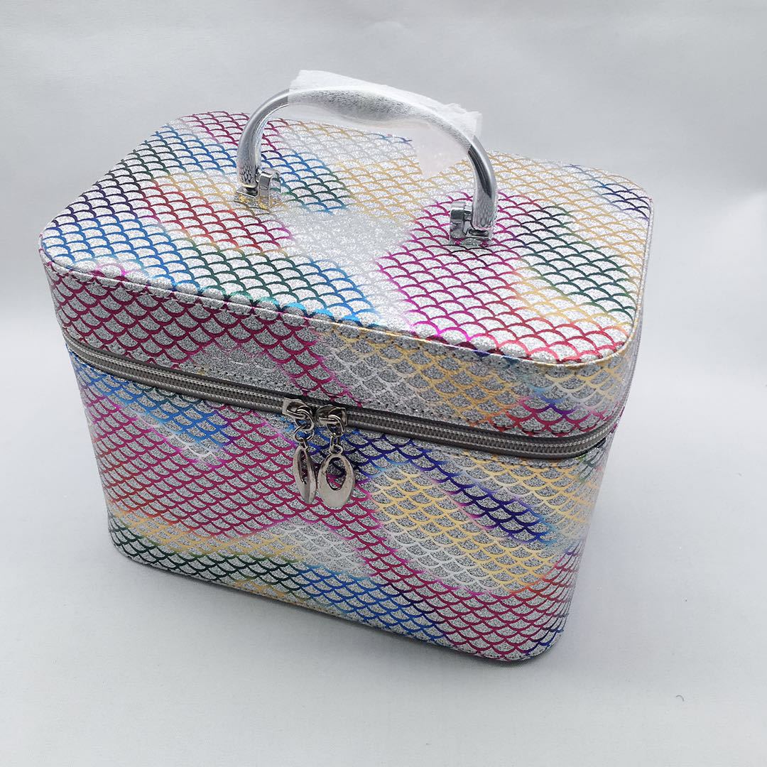 Factory Direct Sales Multifunctional Fish Scale Laser Square Cosmetic Case Three-Piece Portable Cosmetic Bag Waterproof Storage Bag