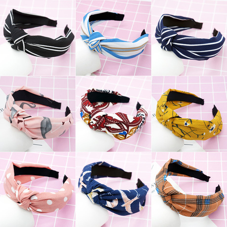 New cloth art wave point hair decoration Korean version of women&#039;s solid color cross print tie stripe wide edge bowknot hair hoops