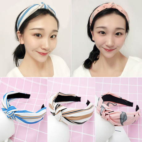New cloth art wave point hair decoration Korean version of women&#039;s solid color cross print tie stripe wide edge bowknot hair hoops