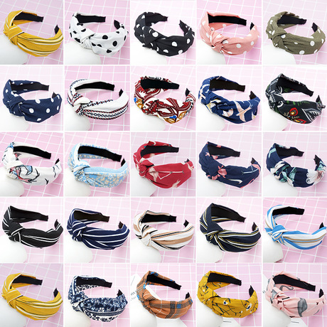 New cloth art wave point hair decoration Korean version of women&#039;s solid color cross print tie stripe wide edge bowknot hair hoops